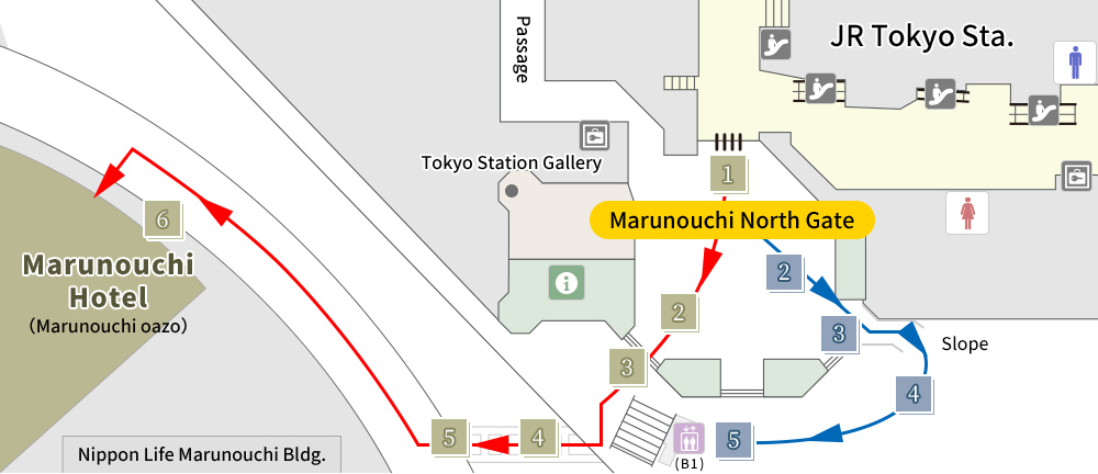 From JR Tokyo Station Marunouchi North Gate (ground floor) by foot