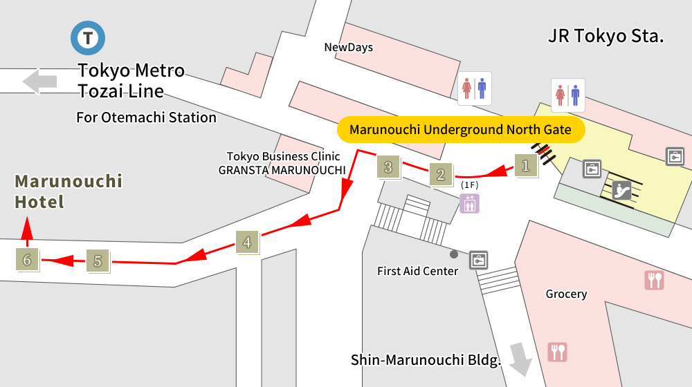 From JR Tokyo Station Marunouchi Underground North Gate (B1F) by foot