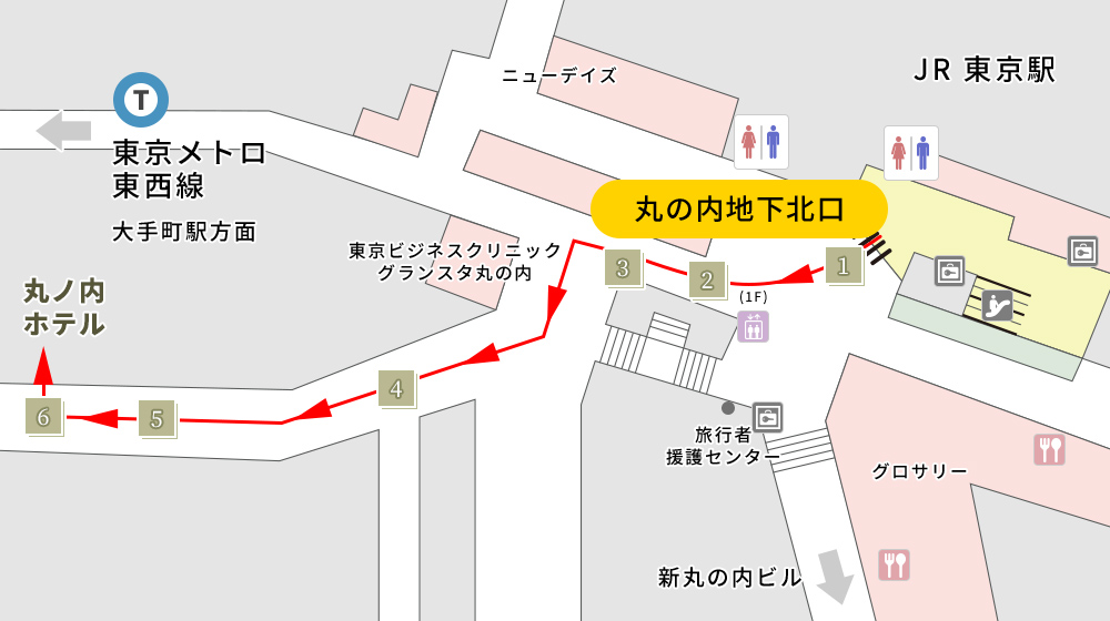 JR東京駅 丸の内地下北口改札（B1階）からの徒歩ルート